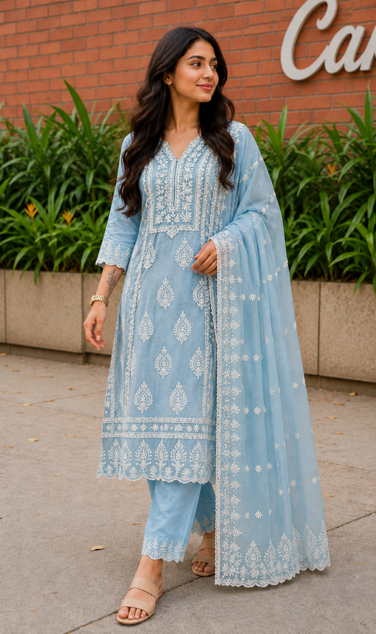 Sky Blue Chikankari Embroidered Mul Cotton Kurta Pant With Dupatta