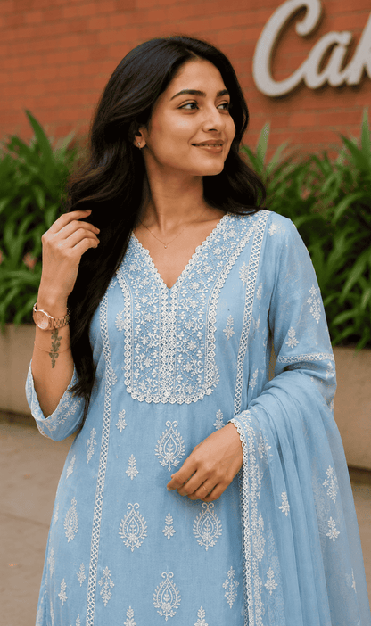 Sky Blue Chikankari Embroidered Mul Cotton Kurta Pant With Dupatta