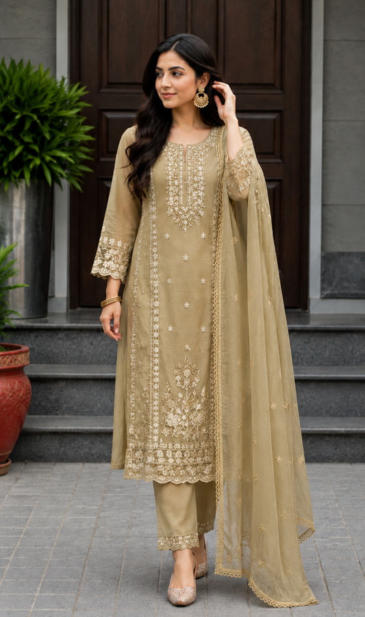 Beige Floral Embroidered Mul Cotton Kurta Pant With Dupatta