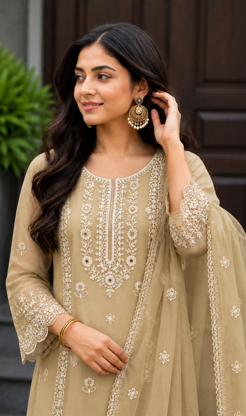 Beige Floral Embroidered Mul Cotton Kurta Pant With Dupatta