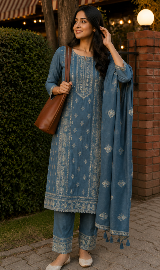 Dusty Blue Embroidered Cotton Kurta Pant and Dupatta