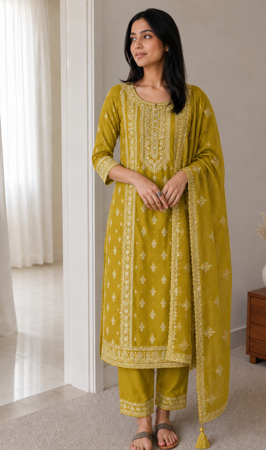 Mustard Embroidered Cotton Kurta Pant and Dupatta