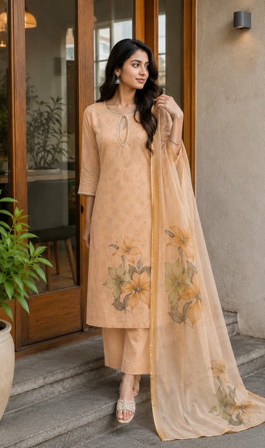 Peach Floral Printed Linen Kurta Pant and Dupatta