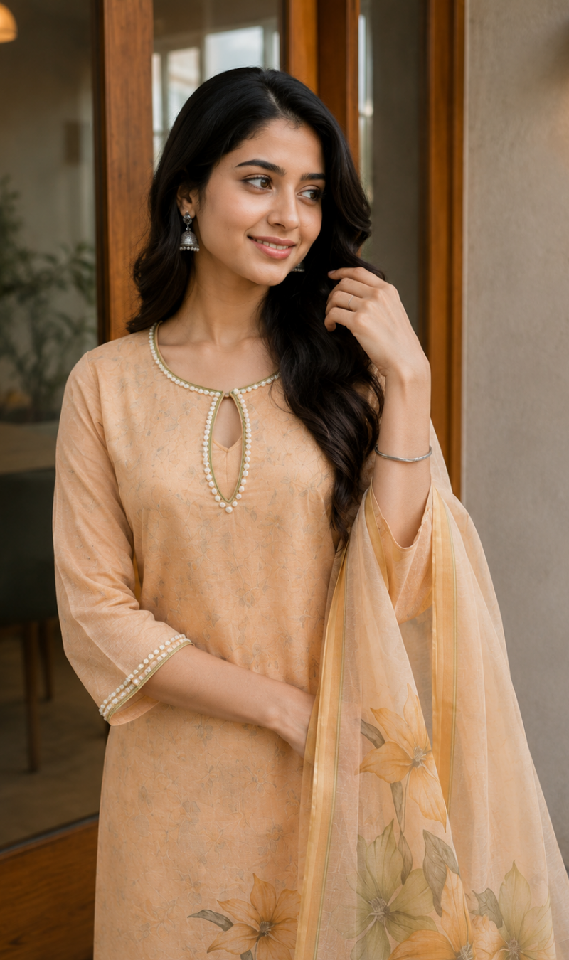 Peach Floral Printed Linen Kurta Pant and Dupatta