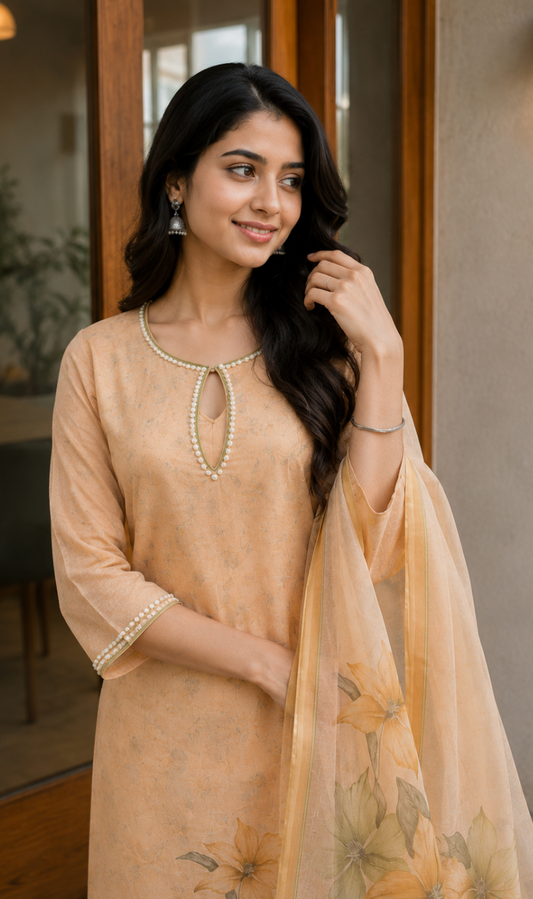 Peach Floral Printed Linen Kurta Pant and Dupatta