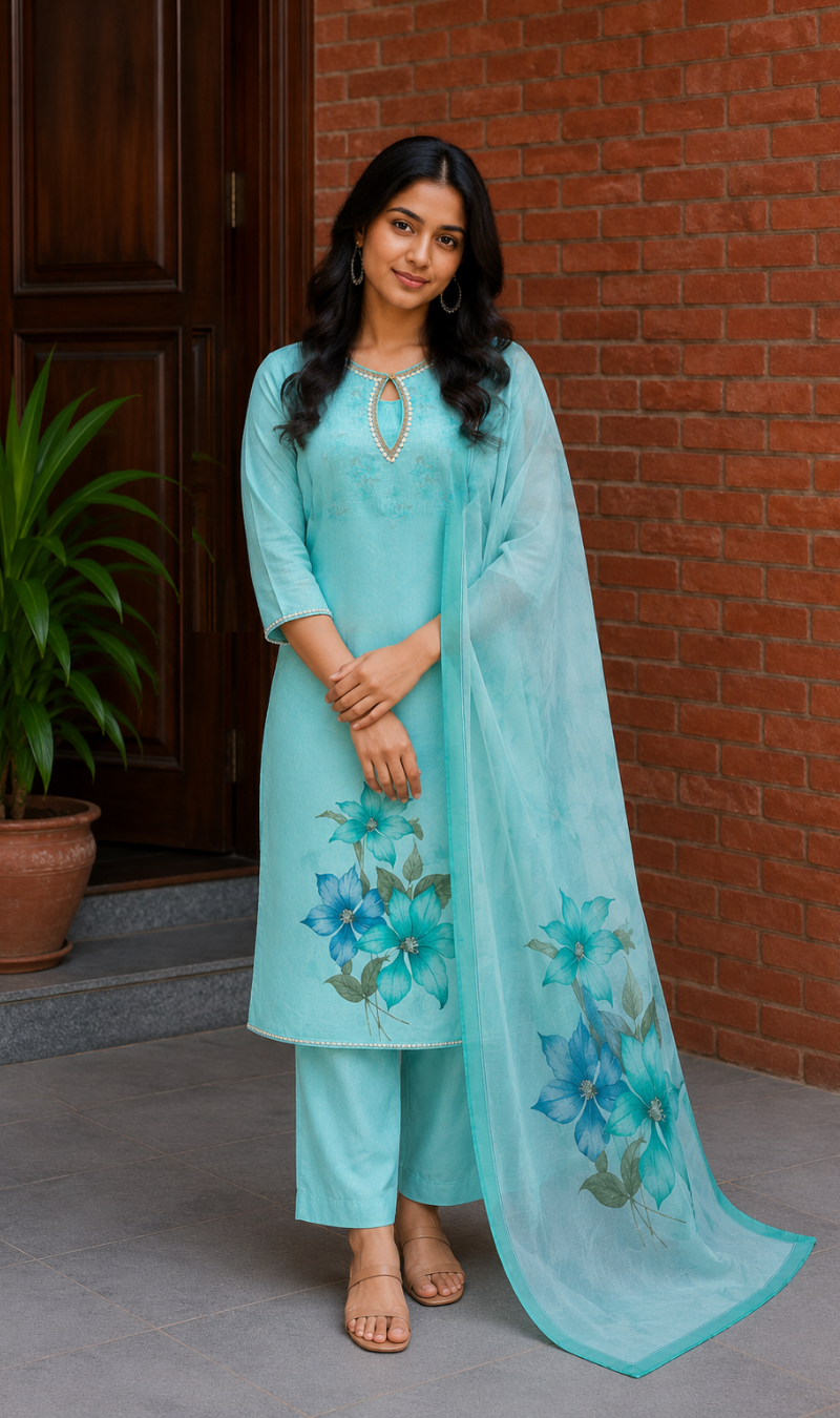 Sky Blue Floral Printed Linen Kurta Pant and Dupatta