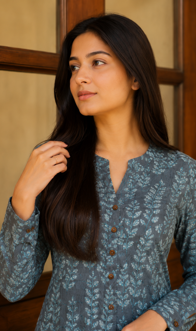 Grey Printed Cotton Short Kurti