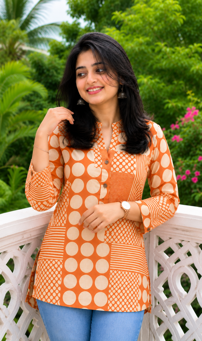 Orange Printed Cotton Short Kurti