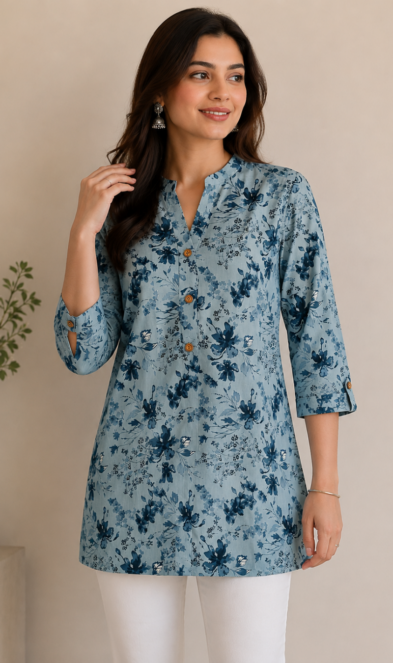 Sky Blue Floral Printed Cotton Short Kurti