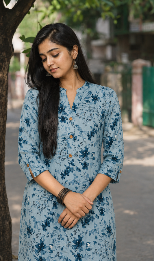 Sky Blue Floral Printed Cotton Short Kurti