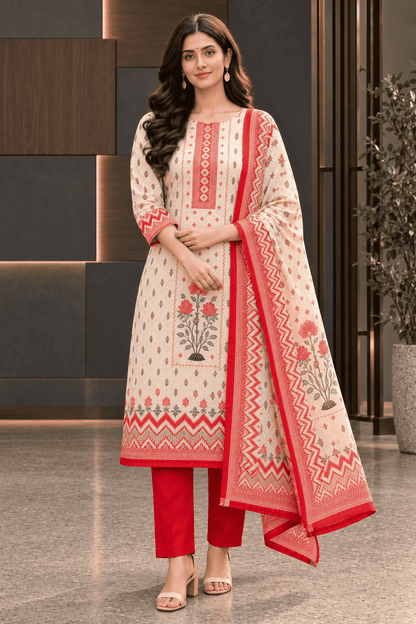 Unstitched pink printed cotton suit set with dupatta