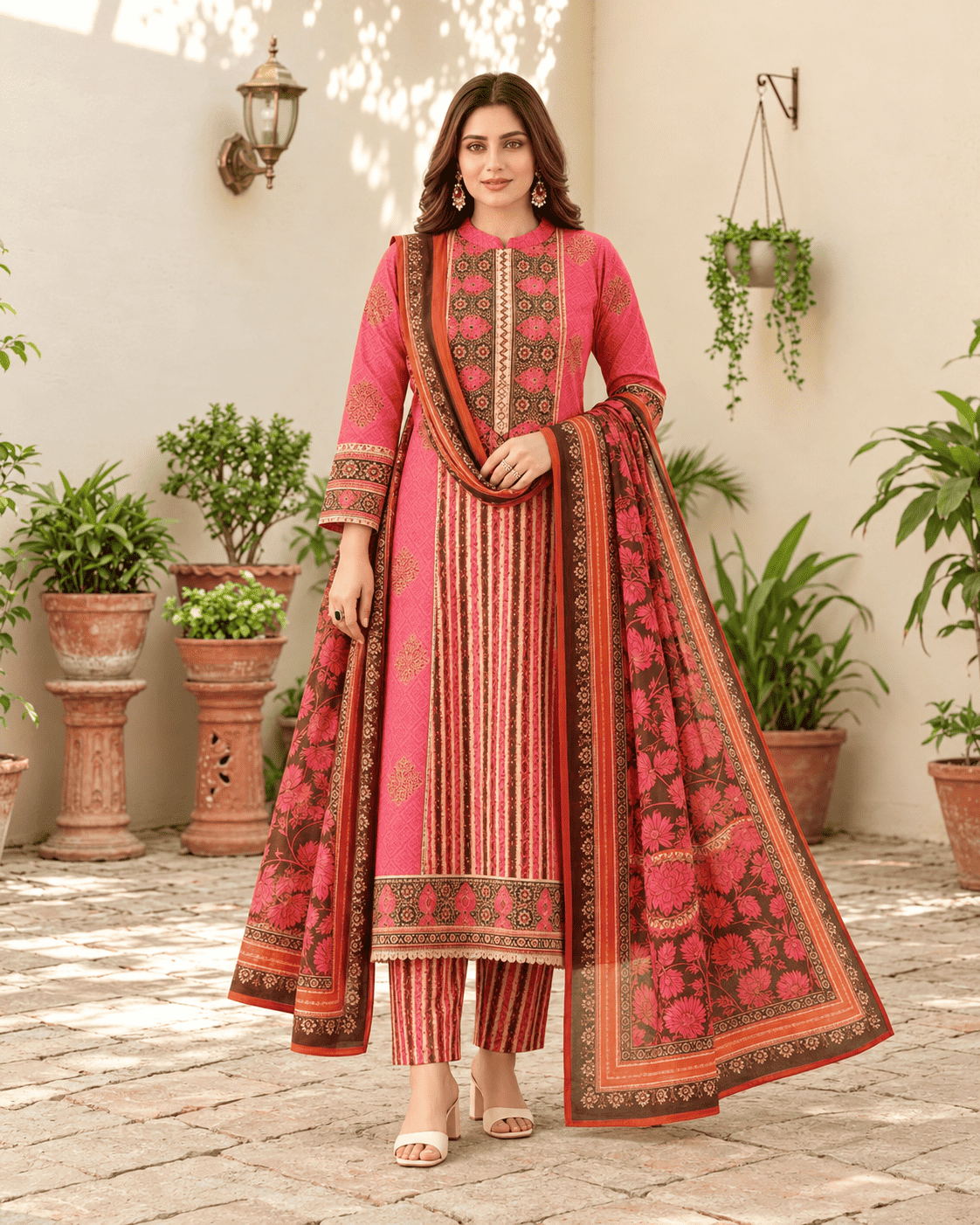 Vibrant Pink Cotton Floral Printed Suit Set Paired With Bagru Printed Lightweight Dupatta