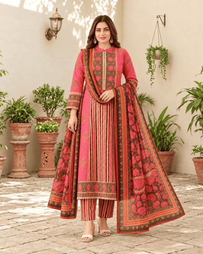 Vibrant Pink Cotton Floral Printed Suit Set Paired With Bagru Printed Lightweight Dupatta