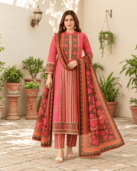 Vibrant Pink Cotton Floral Printed Suit Set Paired With Bagru Printed Lightweight Dupatta