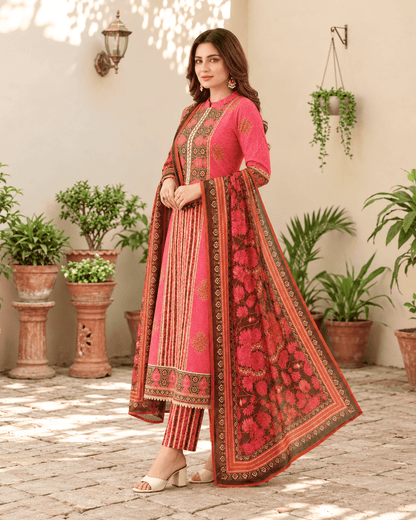 Vibrant Pink Cotton Floral Printed Suit Set Paired With Bagru Printed Lightweight Dupatta