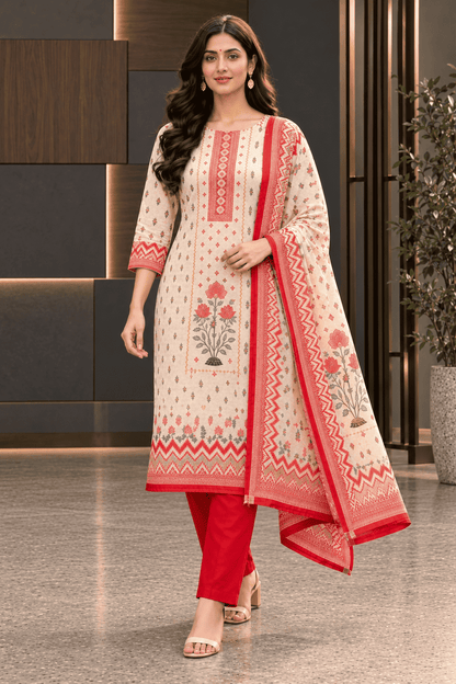 Unstitched pink printed cotton suit set with dupatta