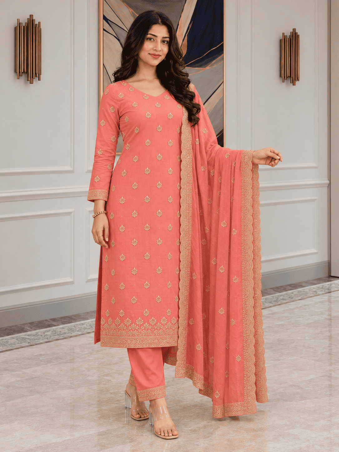 Unstitched Dusty Rose Shimmer Silk-Blend Embroidered Suit Material