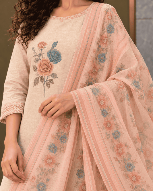 Unstitched cream cotton floral printed suit set with dupatta