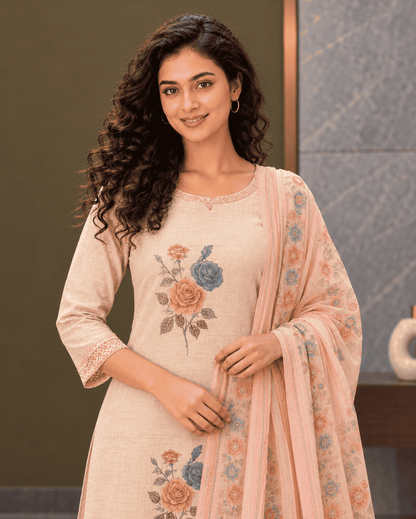 Unstitched cream cotton floral printed suit set with dupatta