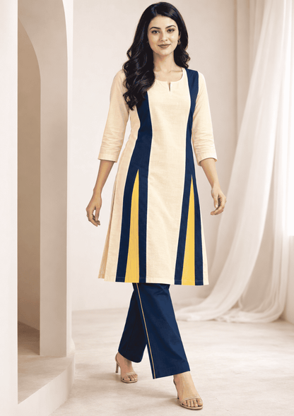 Cream cotton linen in navy colour block with inner lining kurta pant set