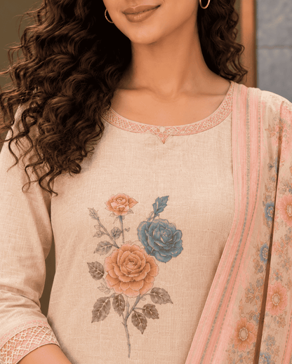 Unstitched cream cotton floral printed suit set with dupatta