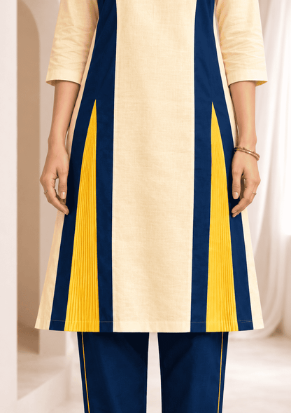 Cream cotton linen in navy colour block with inner lining kurta pant set