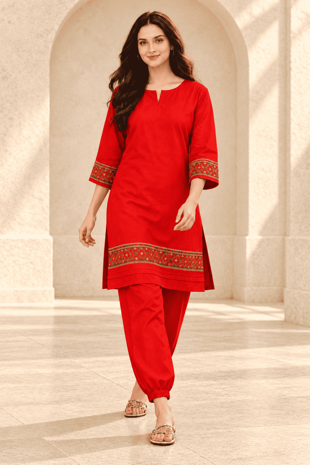 Bright Red embroidered border design linen kurta pant set