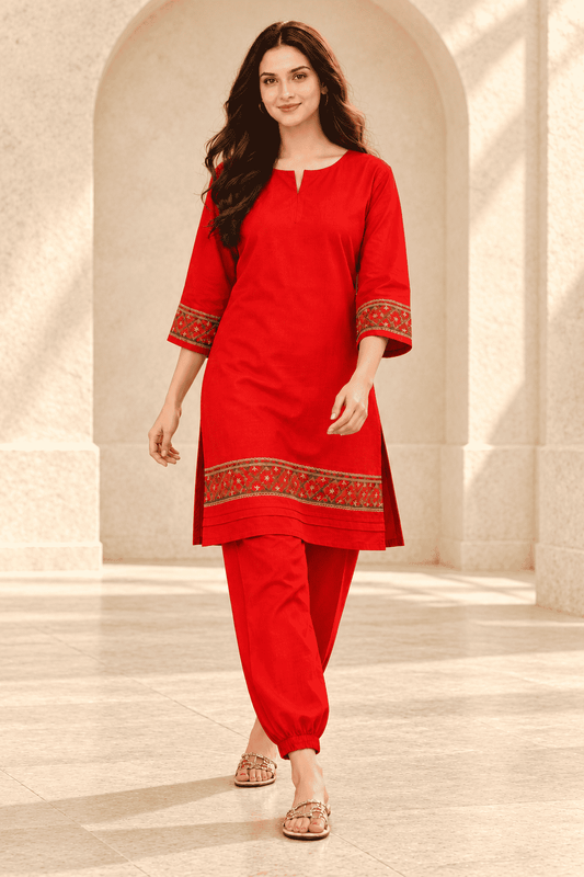 Bright Red embroidered border design linen kurta pant set