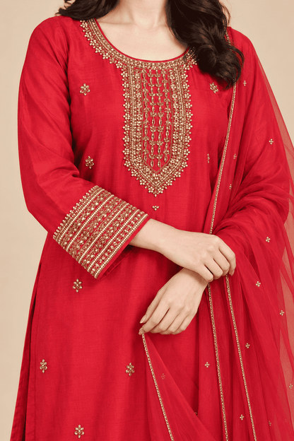 Magenta Embroidered Dola Silk Kurta and Pant with Dupatta
