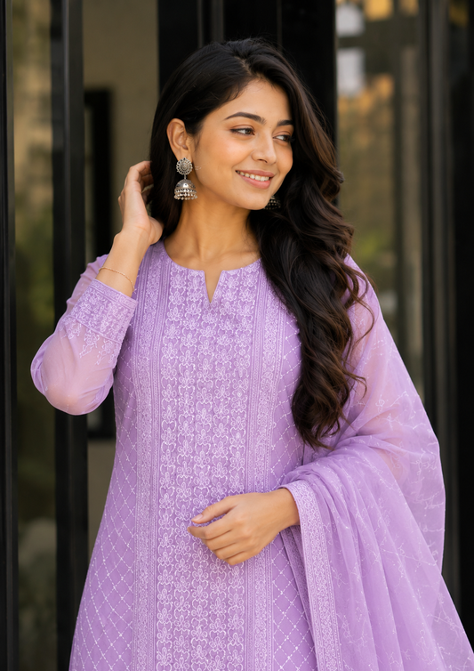 Mauve Chikankari Embroidered Georgette Kurta Pant Set With Dupatta