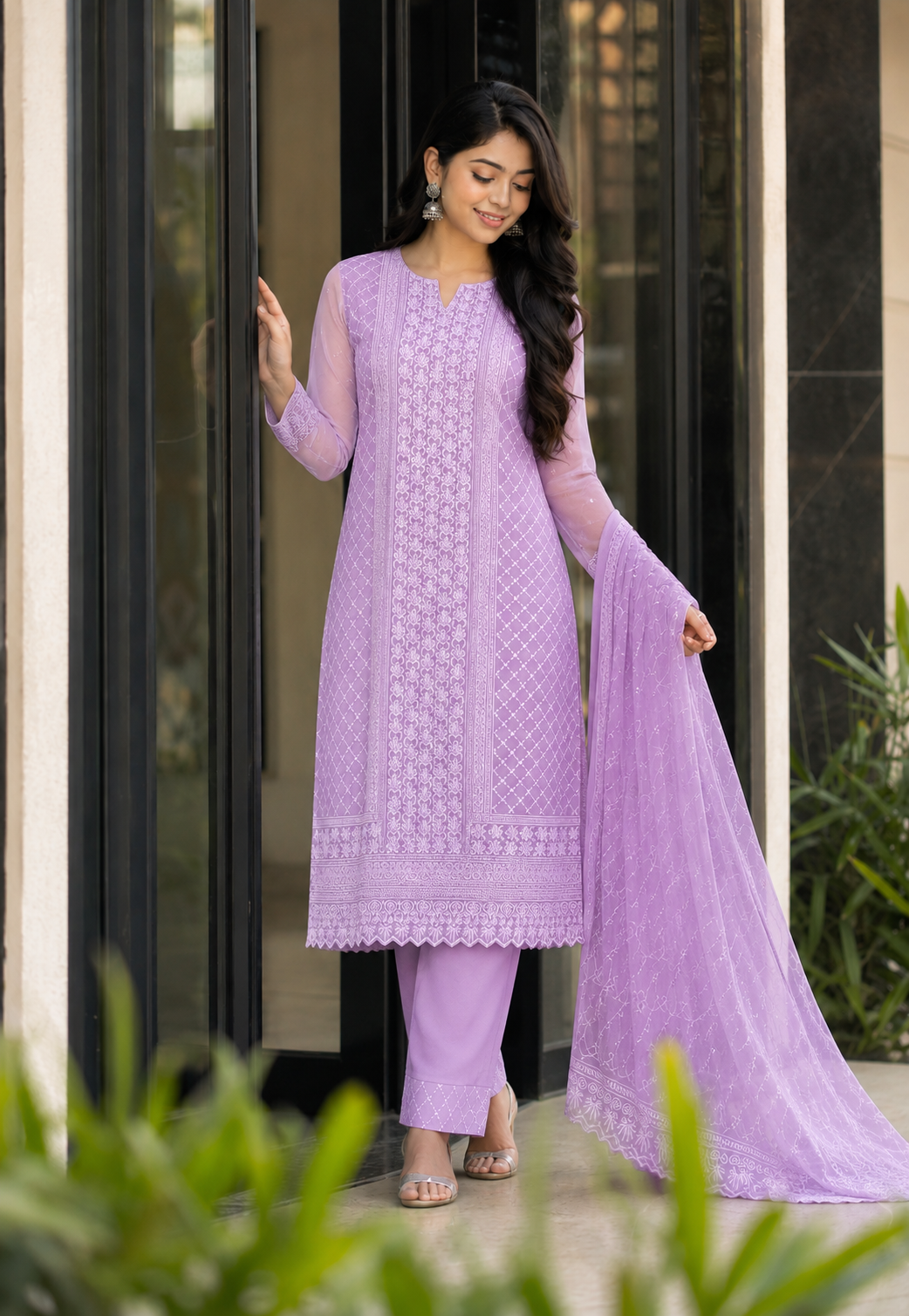 Mauve Chikankari Embroidered Georgette Kurta Pant Set With Dupatta