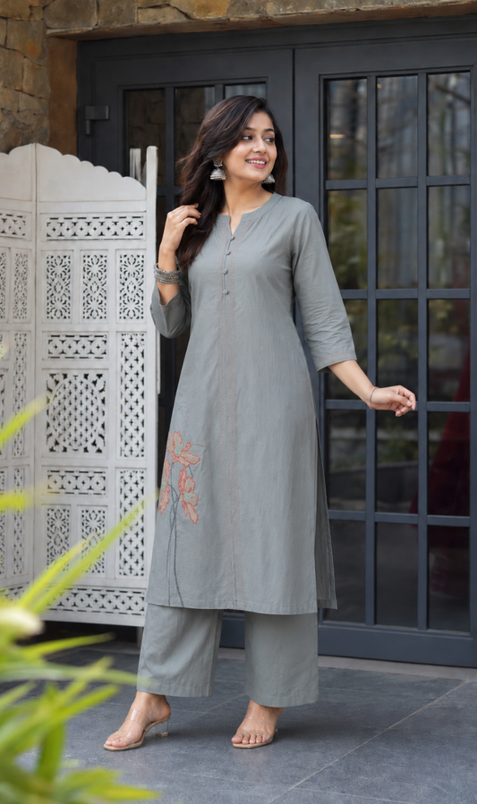 Grey Embroidered Modal Cotton Kurta Pant Set
