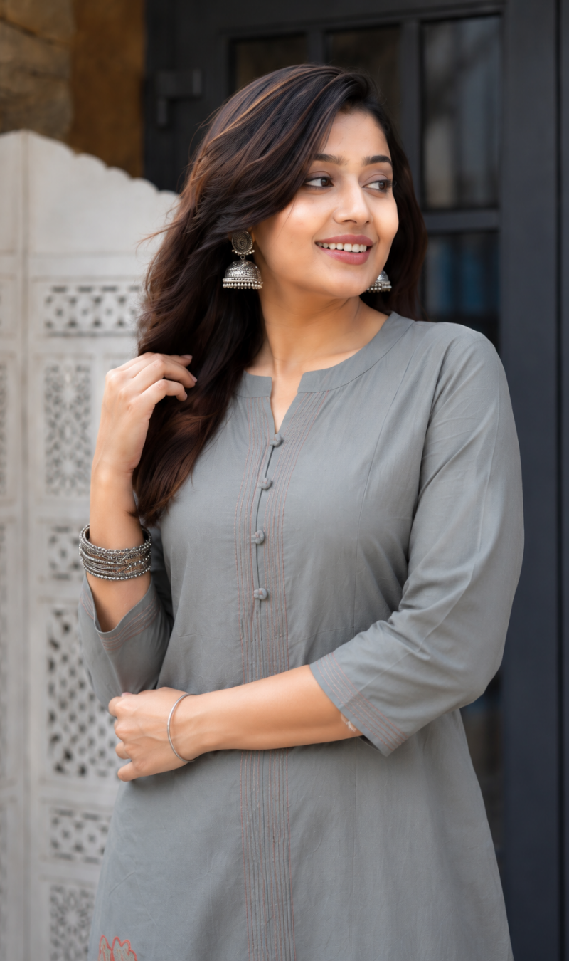 Grey Embroidered Modal Cotton Kurta Pant Set