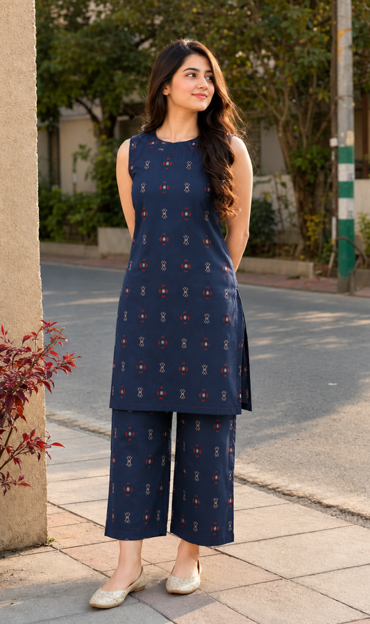 Navy Blue Cotton Blend Printed Kurta Pant Set
