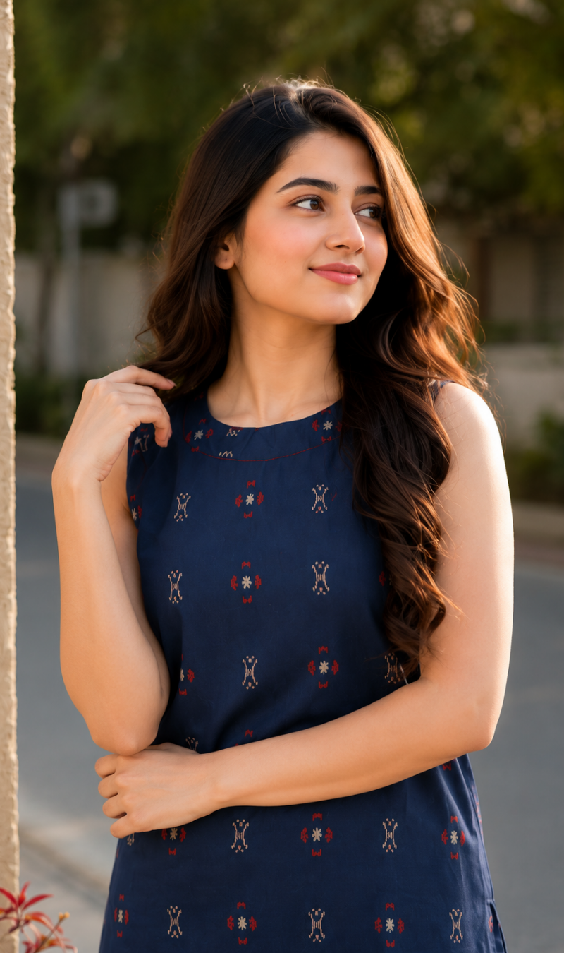 Navy Blue Cotton Blend Printed Kurta Pant Set