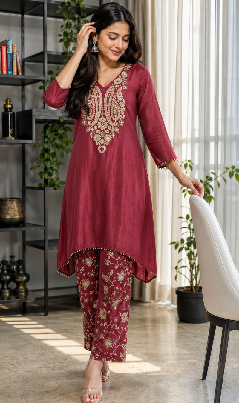 Dusty Pink Embroidered Tissue Fabric Kurta Pant Set