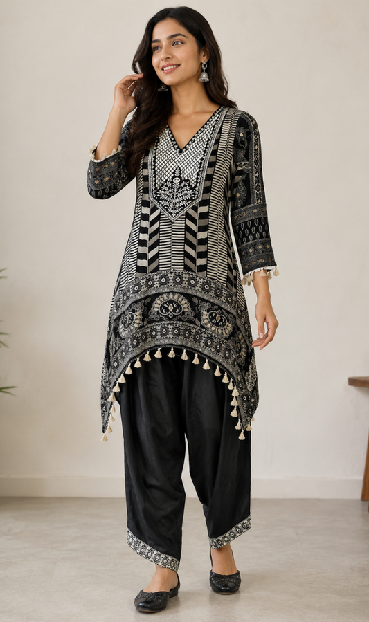 Black Muslin Printed Kurta Pant Set