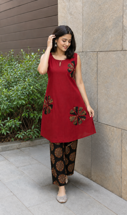Maroon Cotton With Black Applique Work Kurta Pant Set