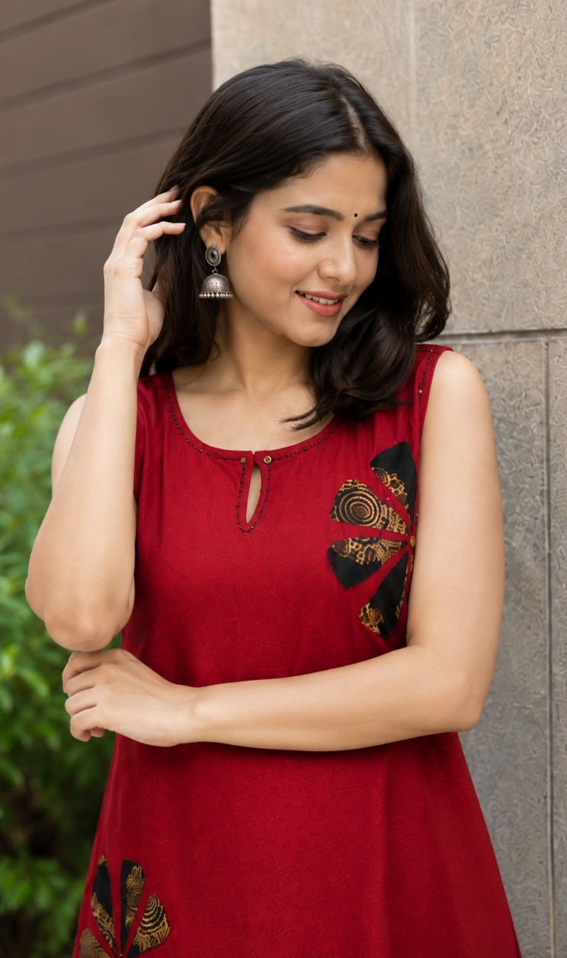 Maroon Cotton With Black Applique Work Kurta Pant Set