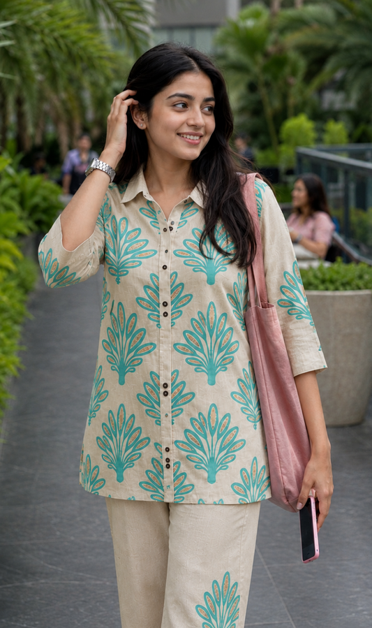 Off-White With Mint Green Threadwork Khadi Cotton Kurta Pant Set
