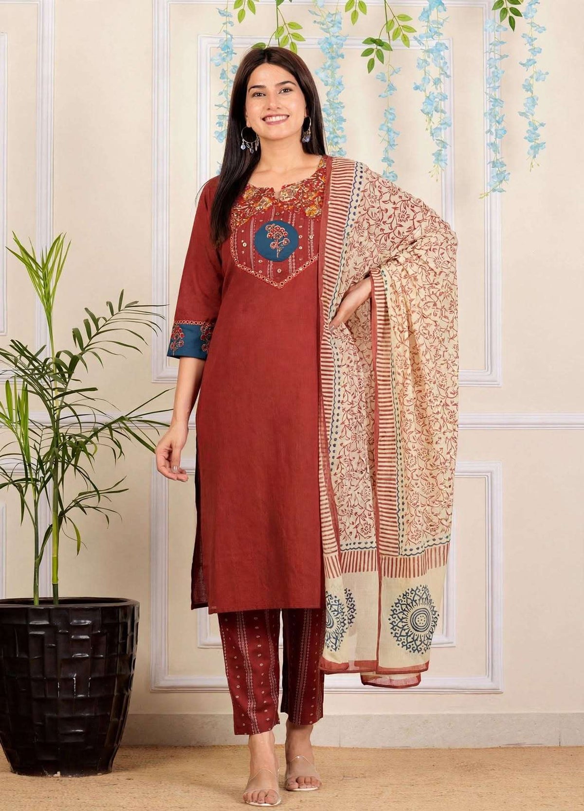 Rust Red Handloom Cotton Kurta and Pant With Dupatta