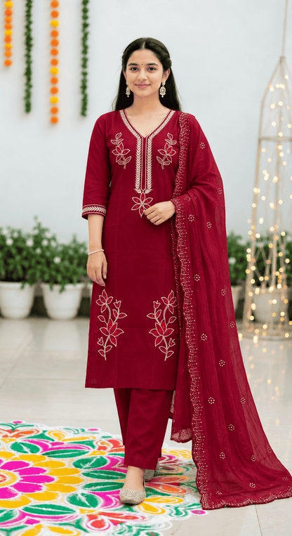 Magenta Embroidered Cotton Blend Kurta Pant and Dupatta