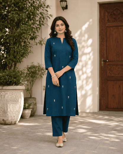 Navy Blue Pure Cambric Cotton Kurta Pant Set