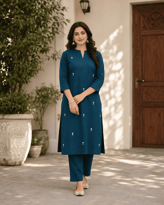 Navy Blue Pure Cambric Cotton Kurta Pant Set