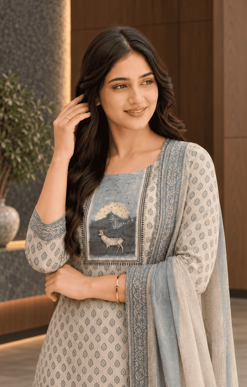 Unstitched offwhite with Blue print cotton suit set with dupatta