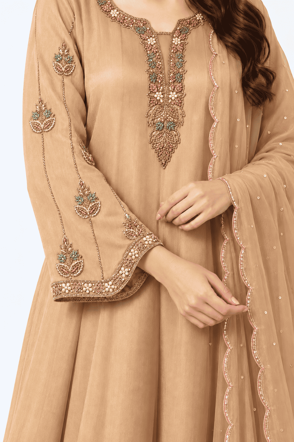 Rose Gold Embroidered Chinon Anarkali Kurta and Pant with Dupatta