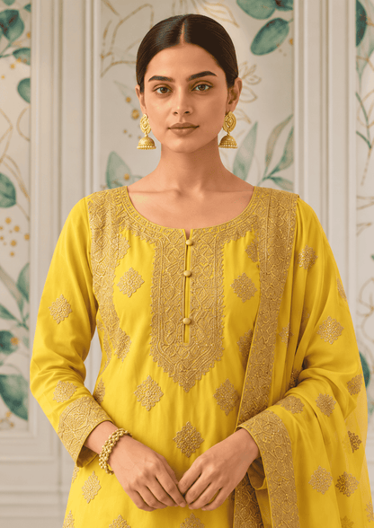 Semi-Stitched Fresh Lime-Yellow Ornate Golden Zari And Sequin Work Tissue Silk Suit With Dupatta