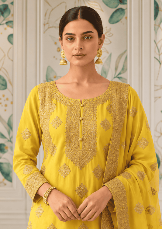 Semi-Stitched Fresh Lime-Yellow Ornate Golden Zari And Sequin Work Tissue Silk Suit With Dupatta
