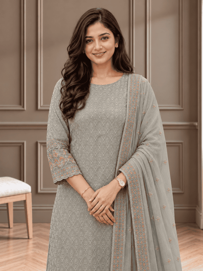 Unstitched Soft Dove-Grey Georgette Suit With Ivory Thread Embroidery And Subtle Sequin Highlights