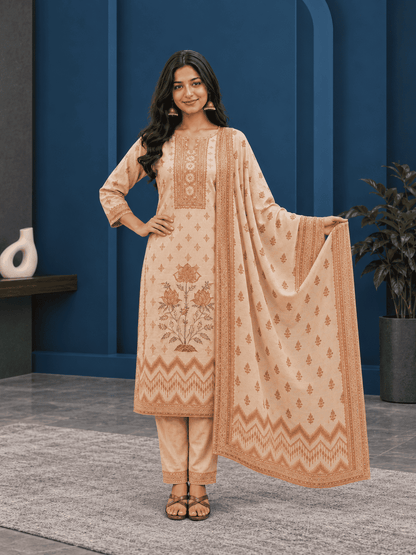 Unstitched brown printed cotton suit with dupatta